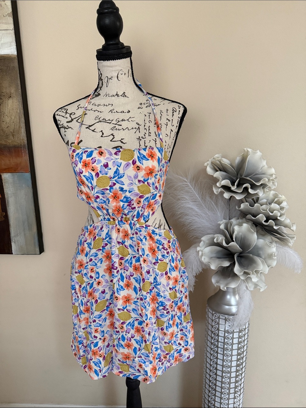 Floral Halter Sundress in White with Orange & Blue Blooms